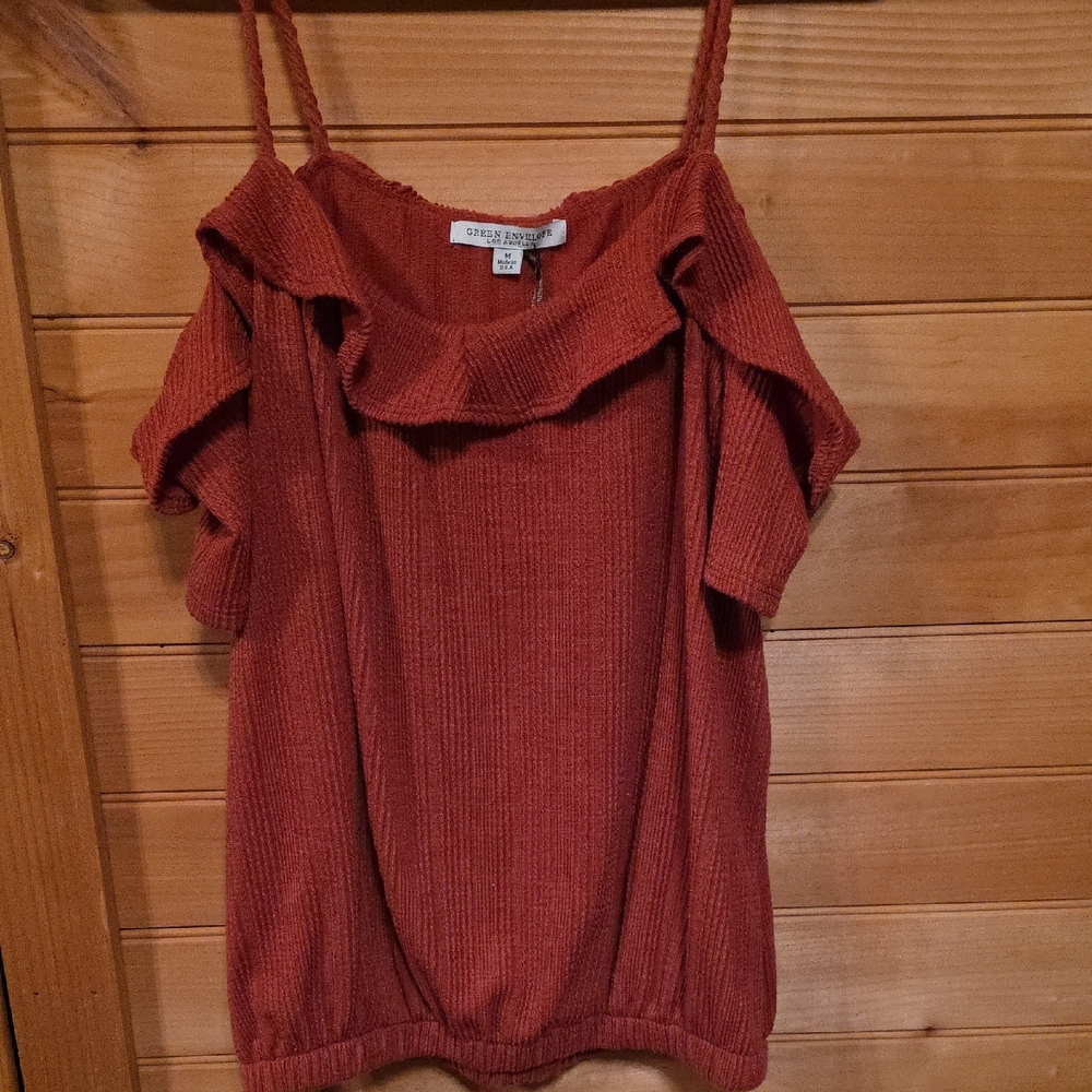 Green Envelope Off-Shoulder Sweater in Rust